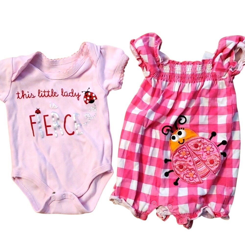 2 Ladybug Girl Outfits- Duck Duck‎ Goose Pink Onesie & Jumping Beans Romper 0-3M